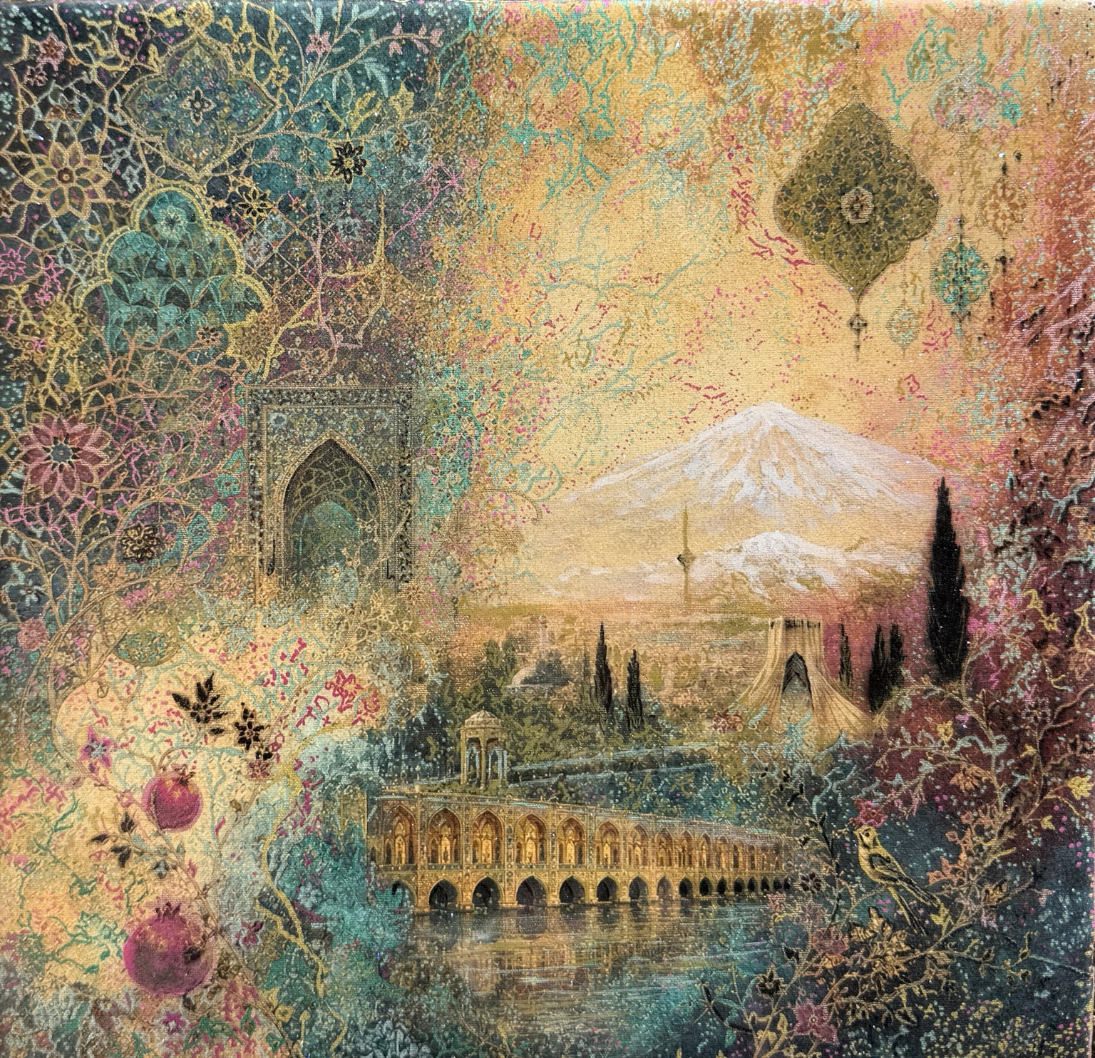 Motherland by Tara Zarabi, a heavily hand-embellished print depicting Iranian landscapes, architecture, and decorative patterns