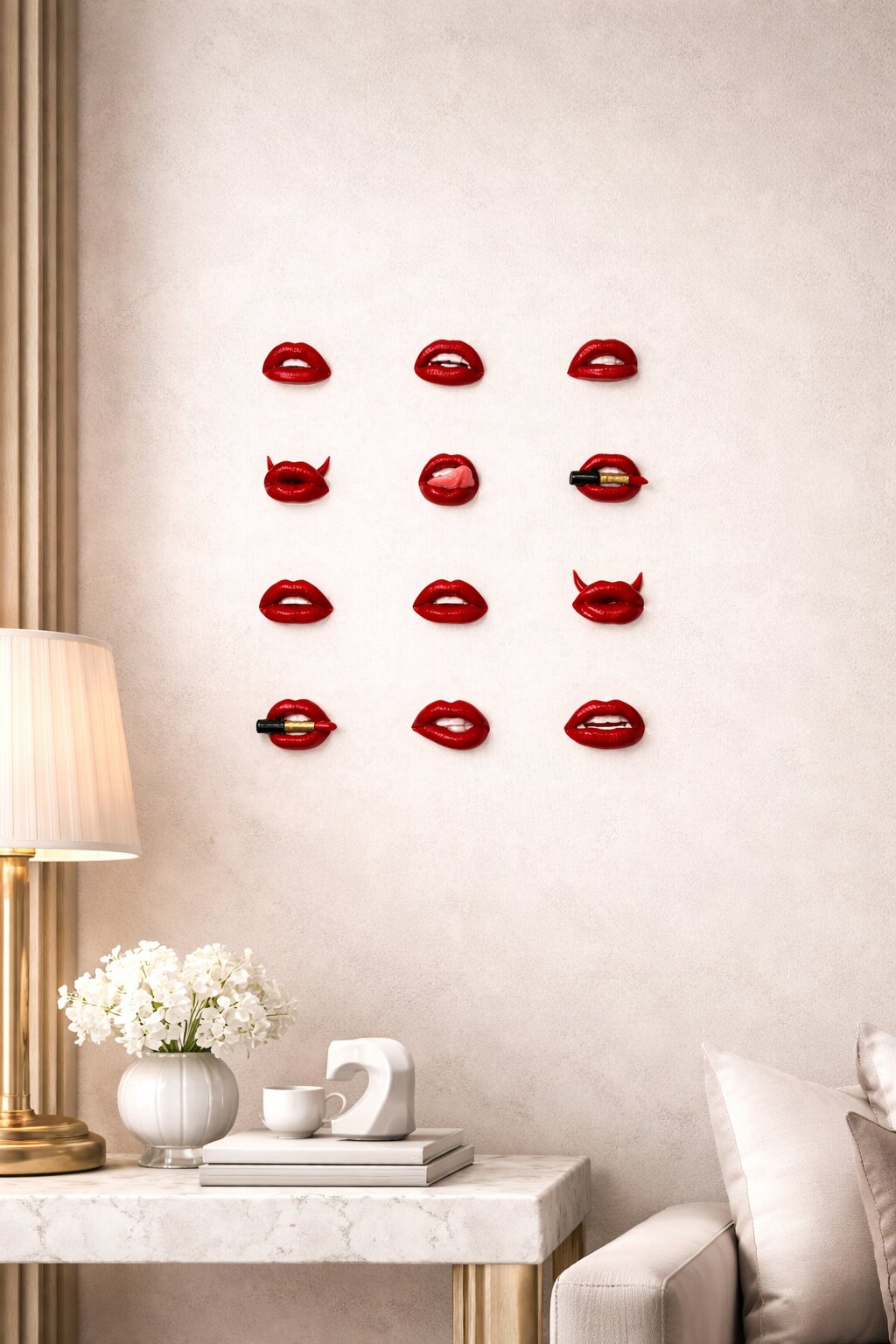 Custom red 3D lip art installation by Tara Zarabi